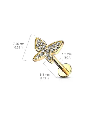 Piercing labret oreille plaqué or papillon strass
