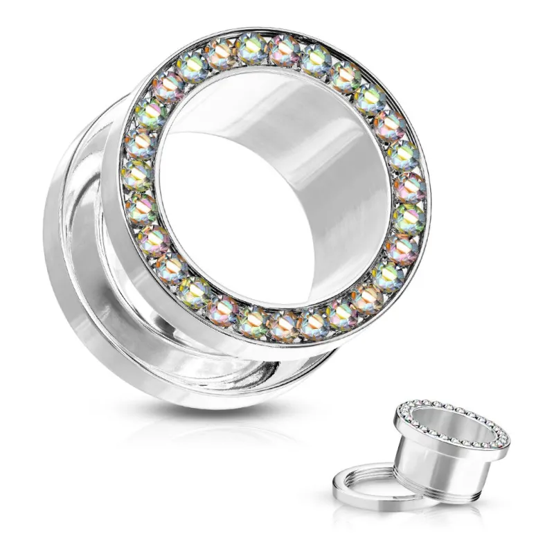 Piercing tunnel acier chirurgical ligne de strass aurore boréale Piercing tunnel acier chirurgical ligne de strass aurore boréale