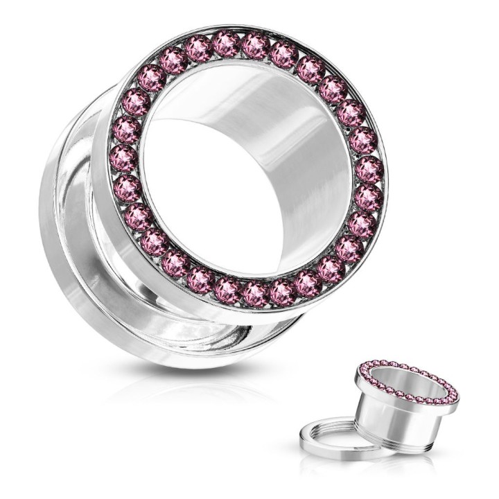 Piercing tunnel acier chirurgical ligne de strass rose