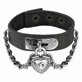Bracelet cuir noir cadenas coeur