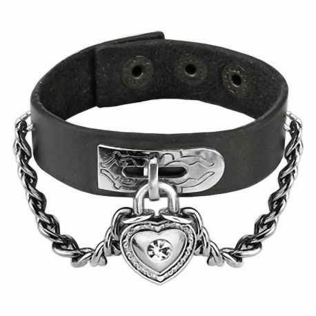 Bracelet cuir noir cadenas coeur