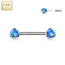 Piercing téton or blanc 14 carats opale bleue push-in