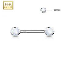 Piercing téton or blanc 14 carats opale blanche push-in