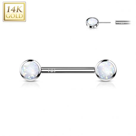 Piercing téton or blanc 14 carats opale blanche push-in