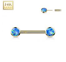 Piercing téton or jaune 14 carats opale bleue push-in