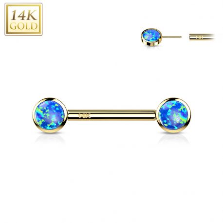 Piercing téton or jaune 14 carats opale bleue push-in
