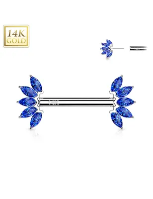 Piercing téton or blanc 14 carats éventail zircon bleu