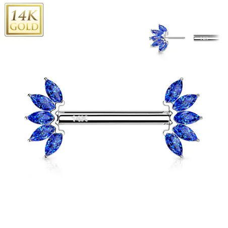 Piercing téton or blanc 14 carats éventail zircon bleu