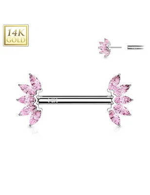 Piercing téton or blanc 14 carats éventail zircon rose