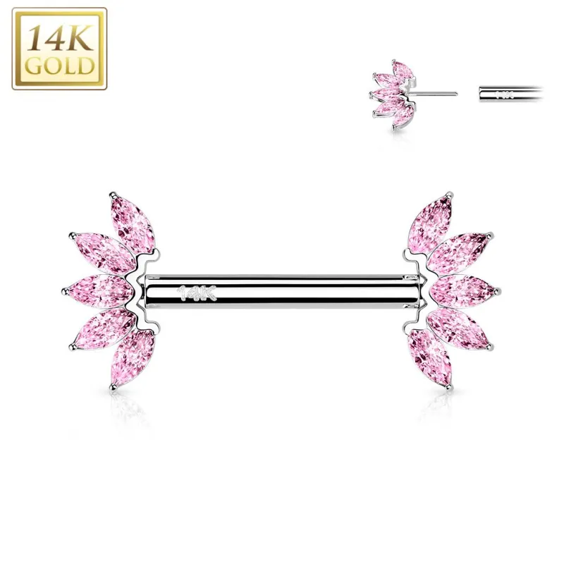 Piercing téton or blanc 14 carats éventail zircon rose