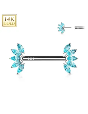 Piercing téton or blanc 14 carats éventail zircon turquoise