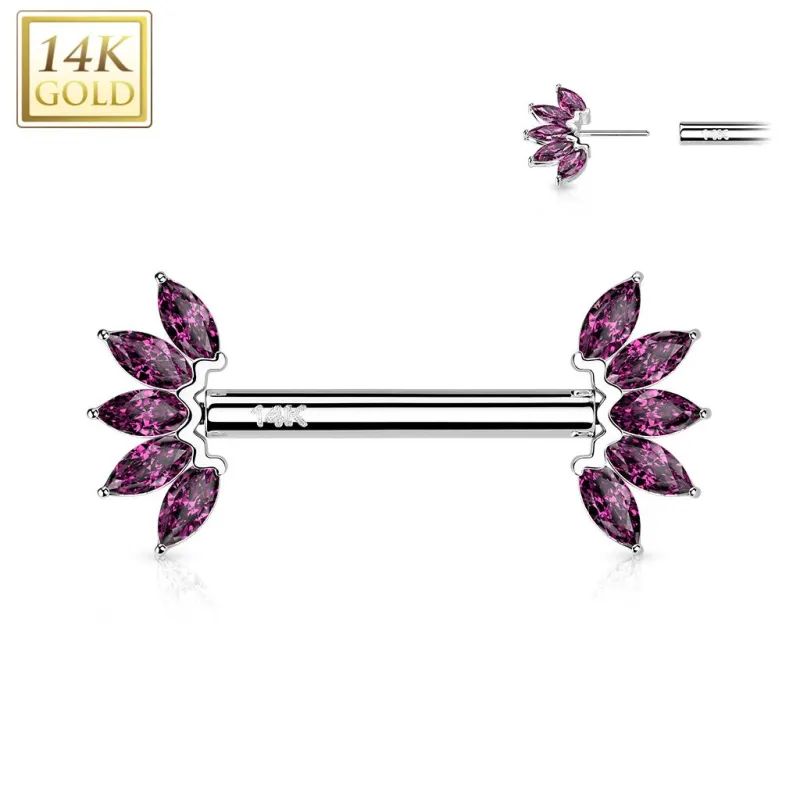 Piercing téton or blanc 14 carats éventail zircon rouge