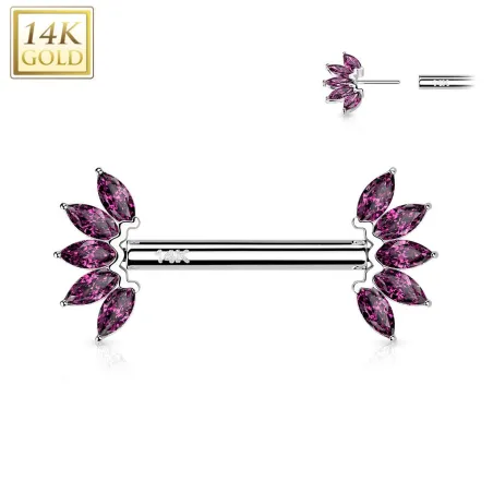Piercing téton or blanc 14 carats éventail zircon rouge