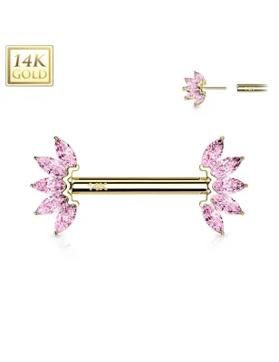 Piercing téton or jaune 14 carats éventail zircon rose