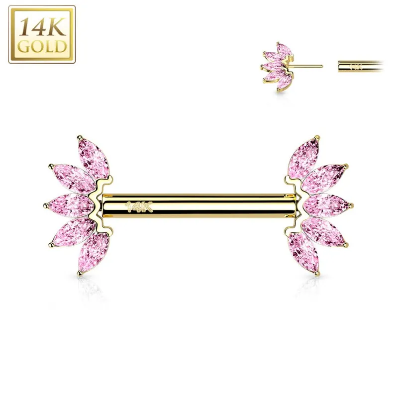 Piercing téton or jaune 14 carats éventail zircon rose