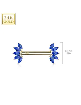 Piercing téton or jaune 14 carats éventail zircon bleu