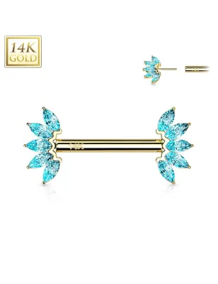 Piercing téton or jaune 14 carats éventail zircon turquoise