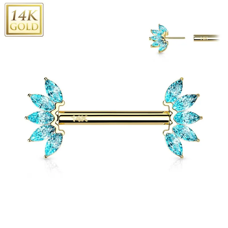 Piercing téton or jaune 14 carats éventail zircon turquoise
