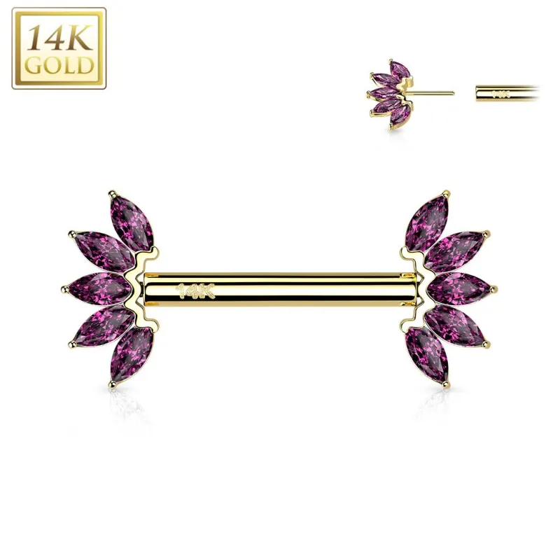 Piercing téton or jaune 14 carats éventail zircon rouge