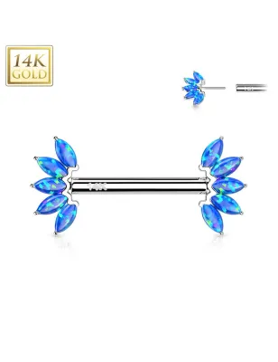 Piercing téton or blanc 14 carats éventail opale bleu