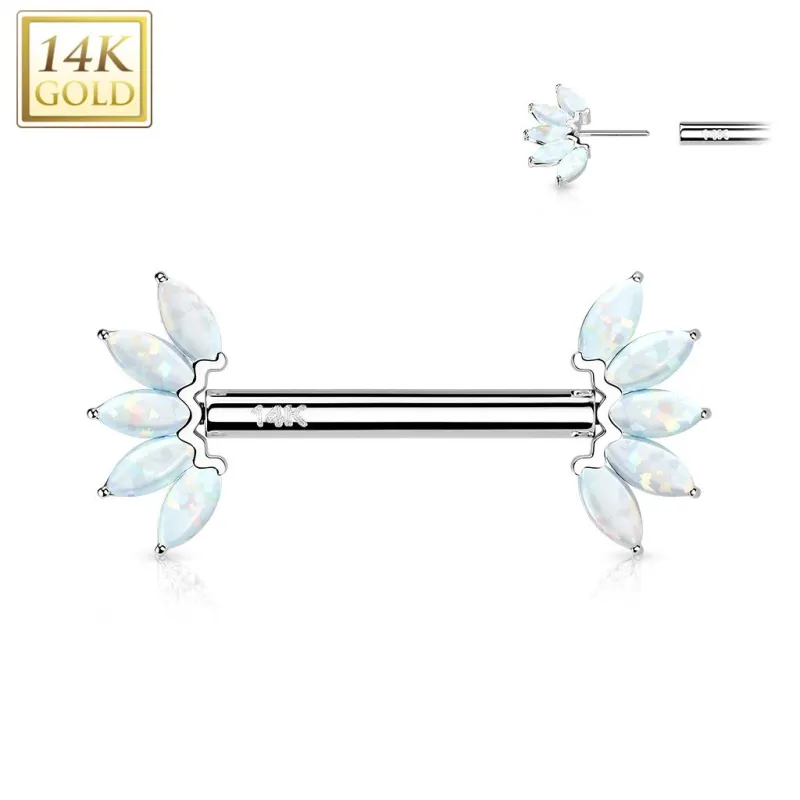 Piercing téton or blanc 14 carats éventail opale blanc