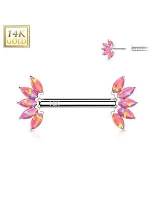 Piercing téton or blanc 14 carats éventail opale rose