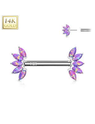Piercing téton or blanc 14 carats éventail opale violet