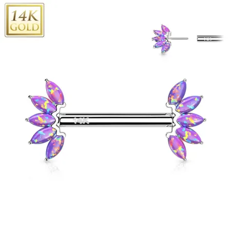 Piercing téton or blanc 14 carats éventail opale violet