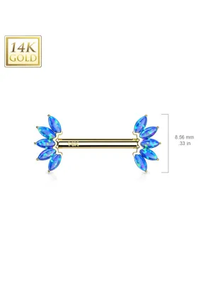 Piercing téton or jaune 14 carats éventail opale bleu
