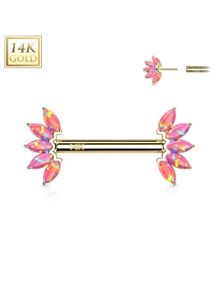 Piercing téton or jaune 14 carats éventail opale rose