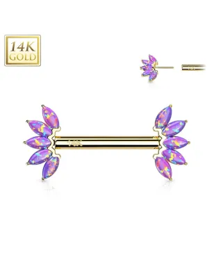 Piercing téton or jaune 14 carats éventail opale violette