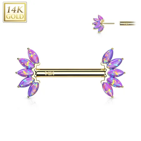 Piercing téton or jaune 14 carats éventail opale violette