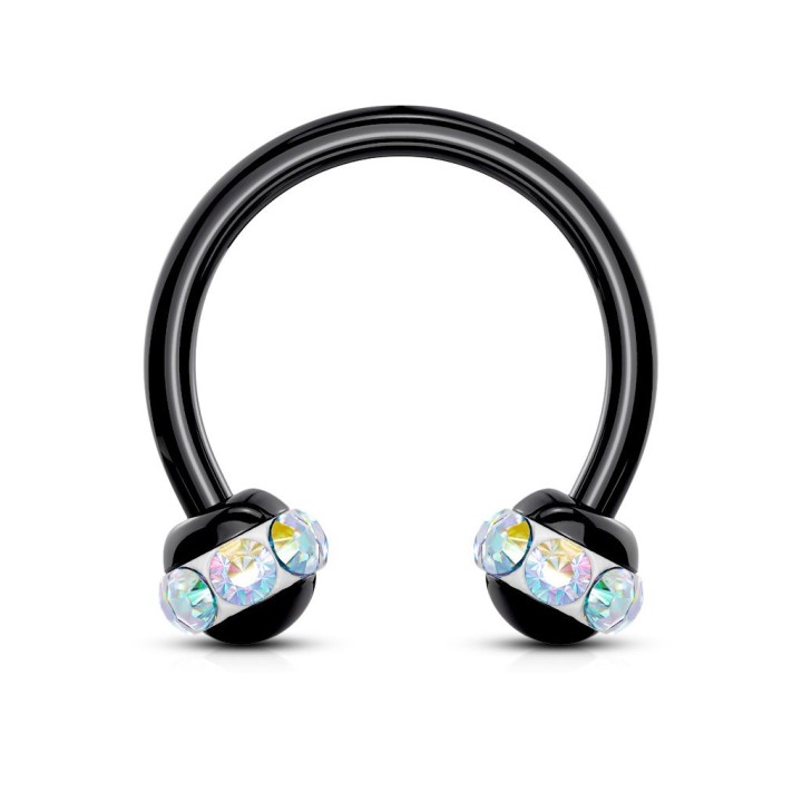 Piercing fer à cheval noir boule cristaux aurore boréale