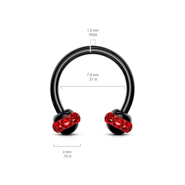 Piercing fer à cheval noir boule cristaux rouge