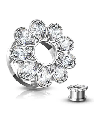 Piercing tunnel oreille fleur zircon blanc