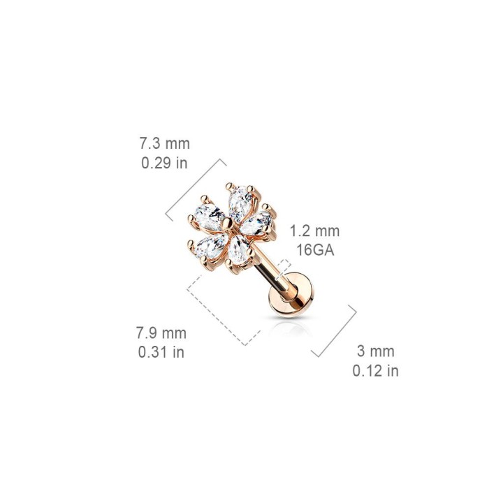 Piercing labret oreille fleur cinq poires plaqué or