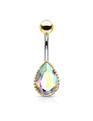 Piercing nombril doré larme pierre aurore boréale