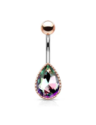 Piercing nombril rosé larme pierre aurore boréale multicolore