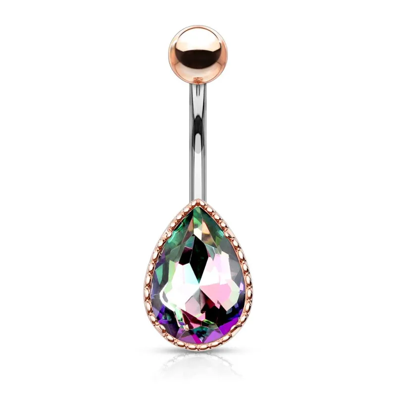 Piercing nombril rosé larme pierre aurore boréale multicolore