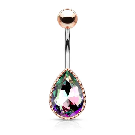 Piercing nombril rosé larme pierre aurore boréale multicolore