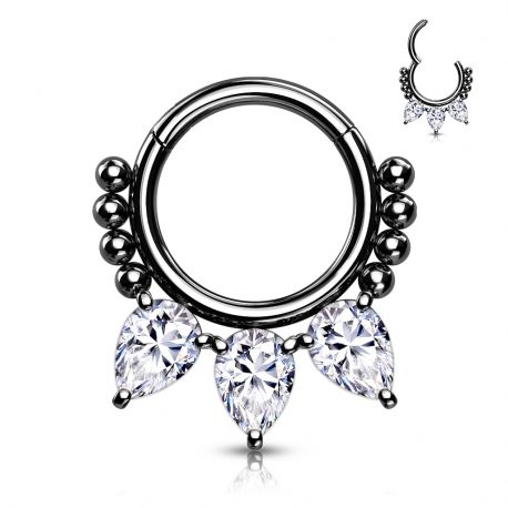 Piercing anneau segment acier noir perles et poires