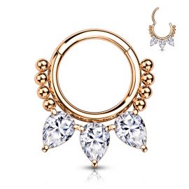 Piercing anneau segment acier plaqué or rose perles et poires