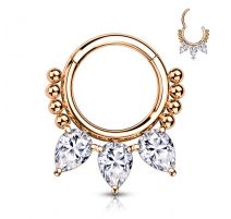 Piercing anneau segment acier plaqué or rose perles et poires