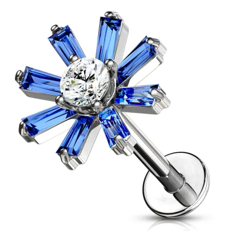 Piercing labret oreille fleur cristaux bleu