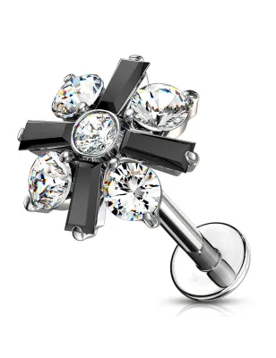 Piercing labret oreille fleur baguette cristaux noir