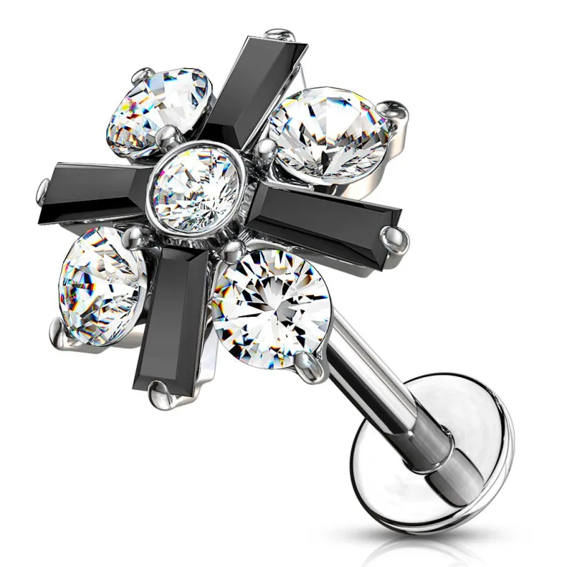 Piercing labret oreille fleur baguette cristaux noir