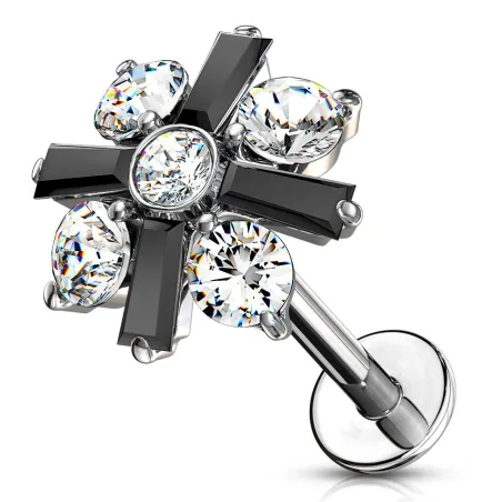 Piercing labret oreille fleur baguette cristaux noir
