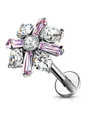 Piercing labret oreille fleur baguette cristaux rose