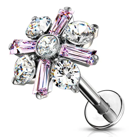 Piercing labret oreille fleur baguette cristaux rose