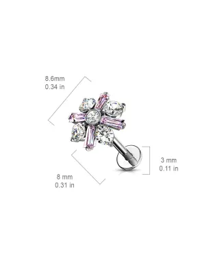 Piercing labret oreille fleur baguette cristaux rose